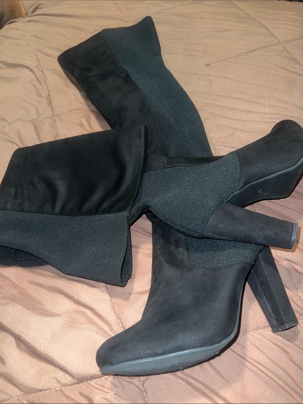 Fashion Nova Black Stretch Over-the-Knee Block Heel Boots